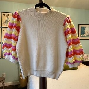 THML White Sweater with Multicolor Puff Sleeves